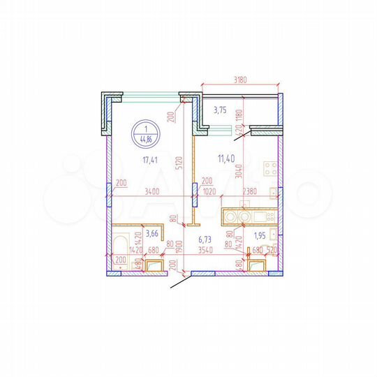 1-к. квартира, 44,9 м², 12/17 эт.