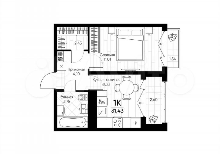 1-к. квартира, 31,4 м², 2/18 эт.