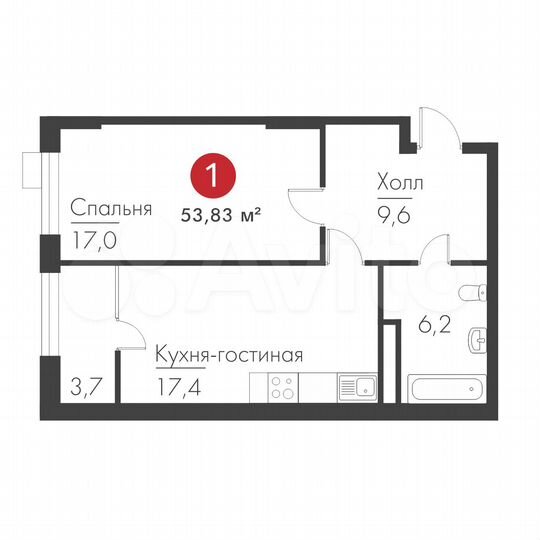 1-к. квартира, 53,8 м², 10/19 эт.
