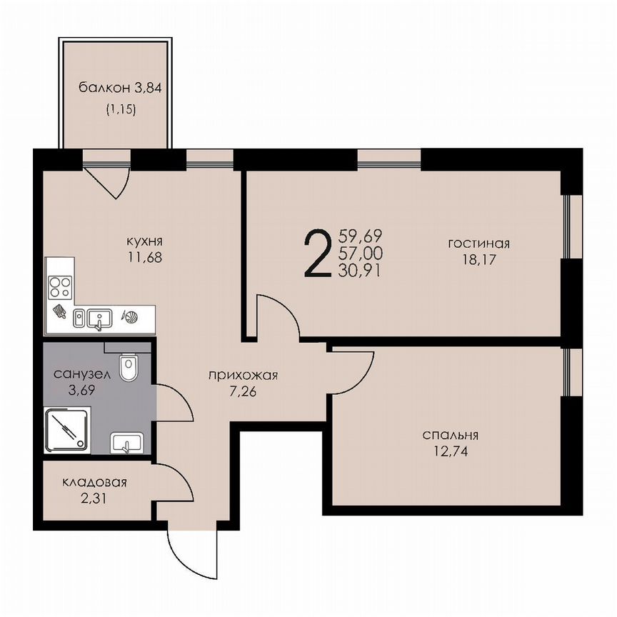 2-к. апартаменты, 57 м², 5/6 эт.
