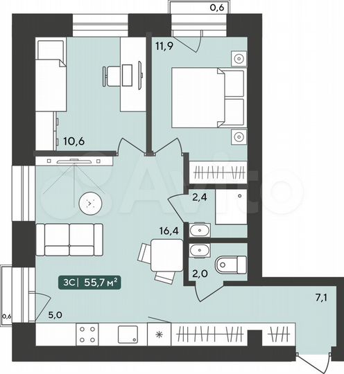 3-к. квартира, 55,7 м², 3/4 эт.