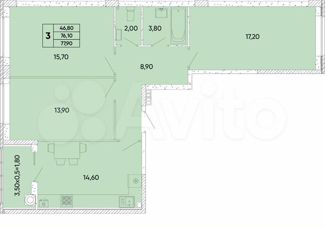 3-к. квартира, 77,9 м², 2/6 эт.