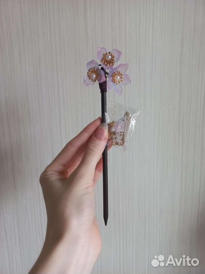 Китайская заколка шпилька с сиреневыми цветами