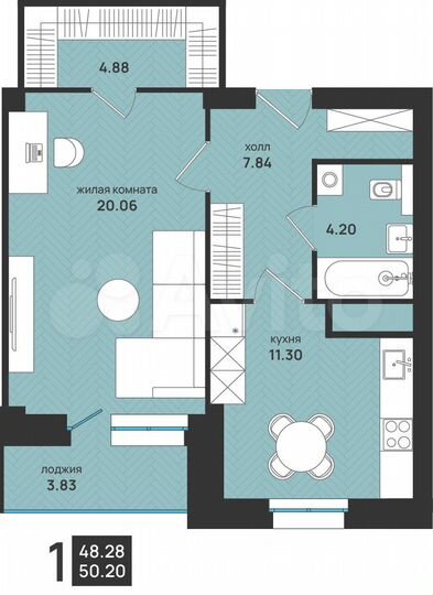 1-к. квартира, 50,2 м², 9/15 эт.