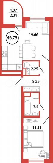 1-к. квартира, 46,8 м², 2/12 эт.