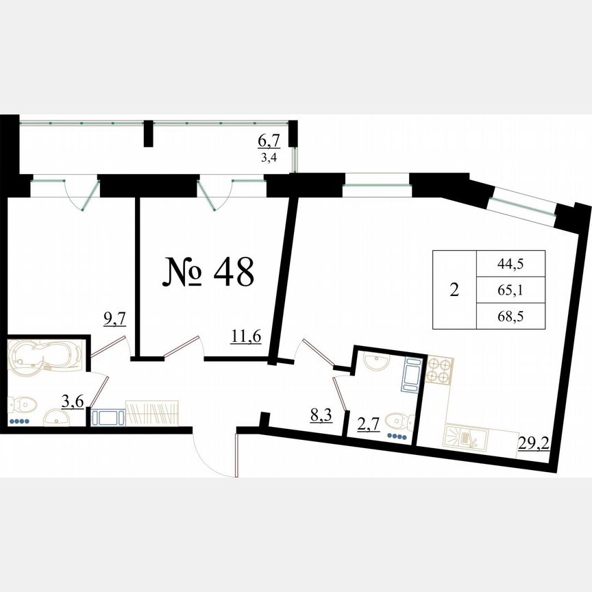 2-к. квартира, 68,5 м², 6/8 эт.