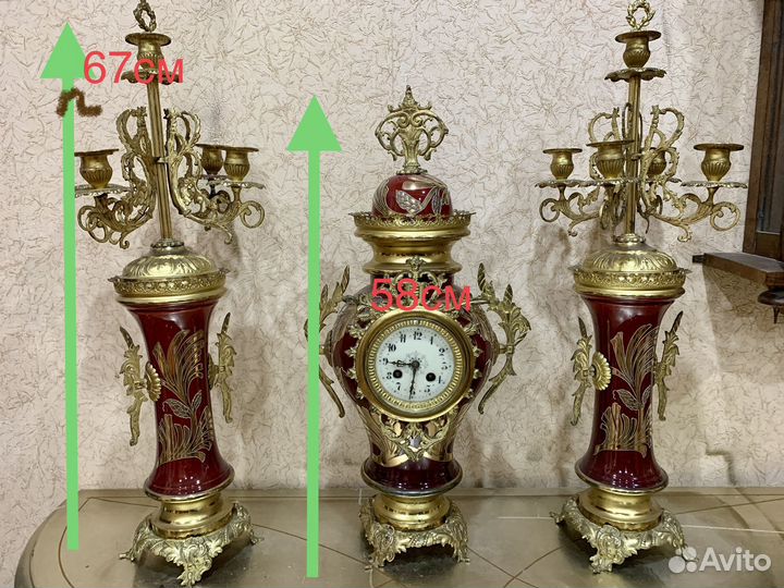 Старинные каминные часы бронза с подсвечниками