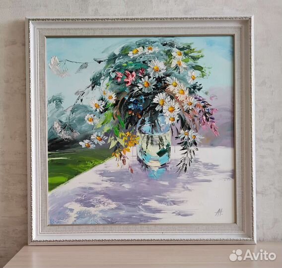 Картина холст масло 72*72 полевые цветы букет