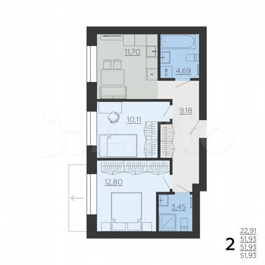 2-к. квартира, 51,9 м², 3/6 эт.