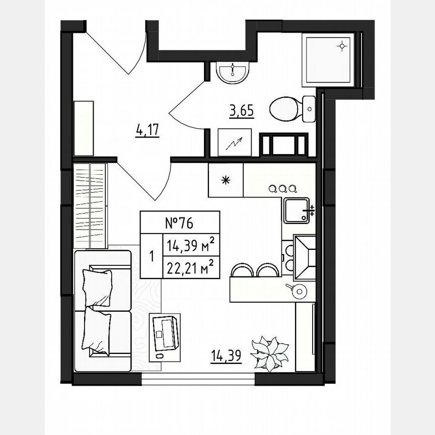 1-к. квартира, 22,2 м², 4/4 эт.