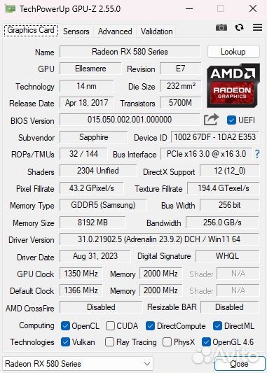 Видеокарта Sapphire RX580 8GB