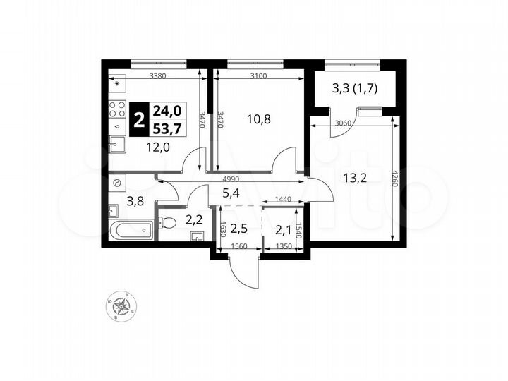 2-к. квартира, 53,7 м², 17/18 эт.