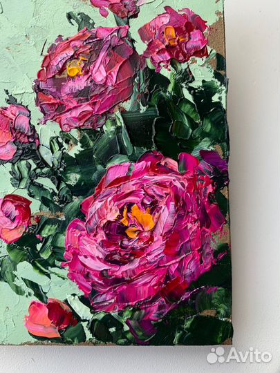 Картина маслом букет роз розовые цветы пионы