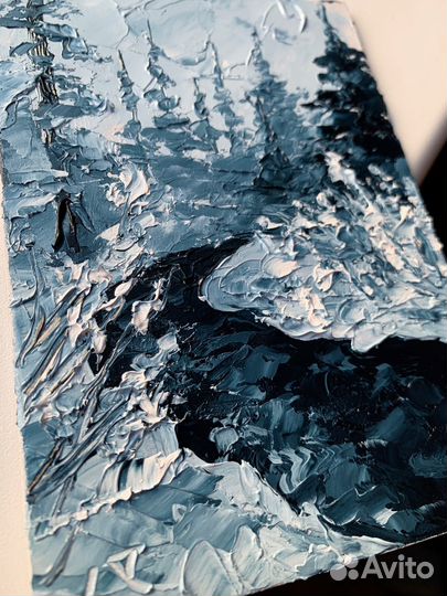 Картина маслом зимний пейзаж горная река