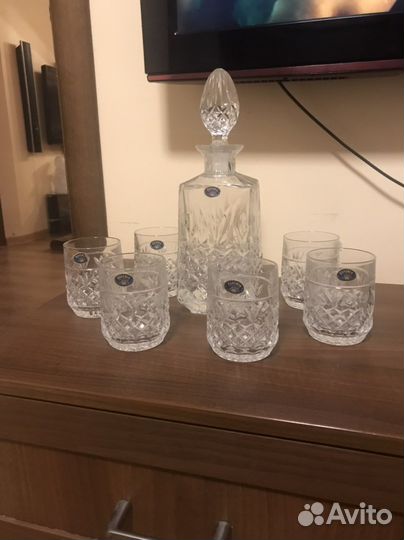 Штоф/графин и 6 бокалов, хрусталь, богемия