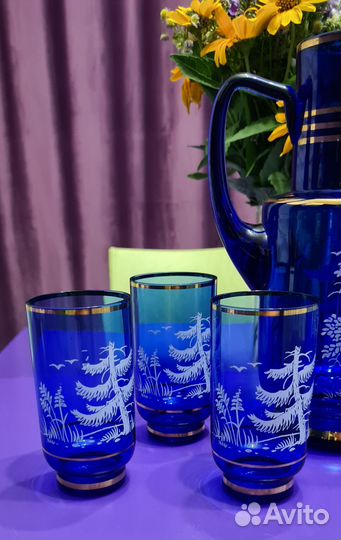 Графин и стаканы Богемия зима олени охота