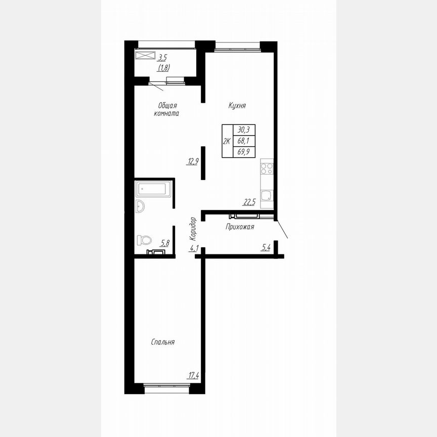 2-к. квартира, 69,9 м², 16/17 эт.