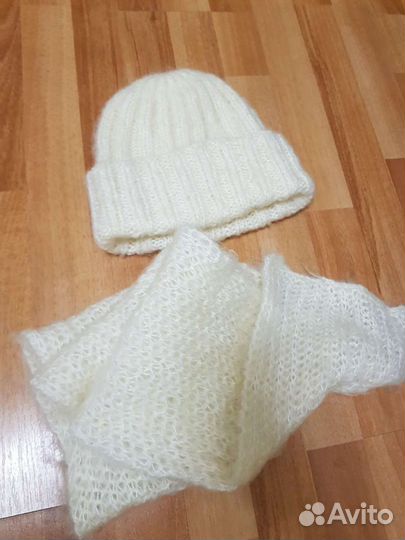 Шапка с шарфом, махровая + ангора, ручная вязка