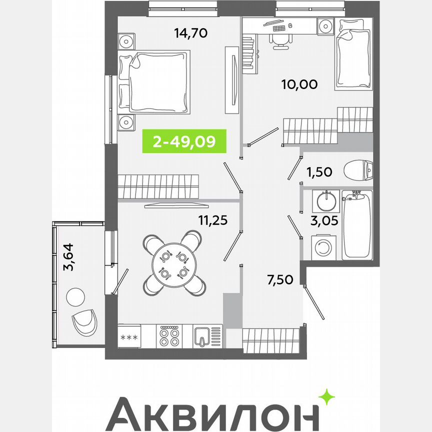 2-к. квартира, 49,1 м², 4/12 эт.