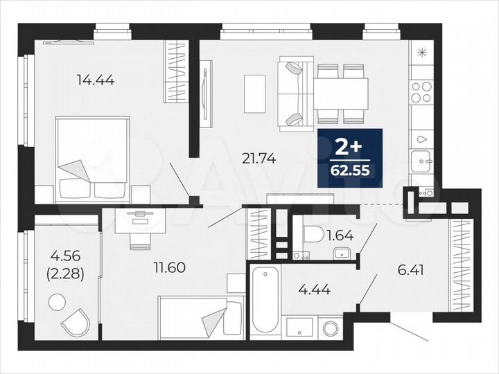 2-к. квартира, 62,6 м², 16/21 эт.