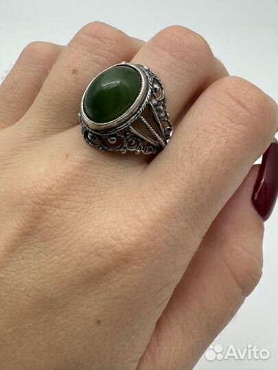 Кольцо/перстень серебро 875 СССР нефрит скань