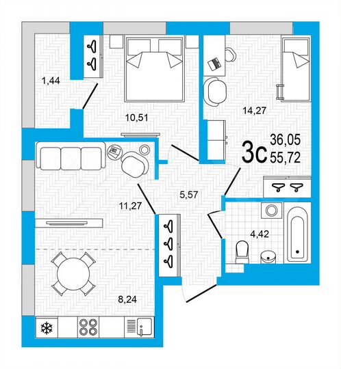 3-к. квартира, 55,7 м², 6/20 эт.