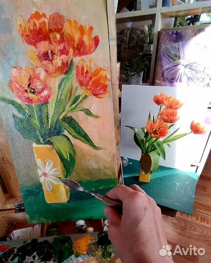 Картина Тюльпаны маслом на холсте в раме 20х40 см