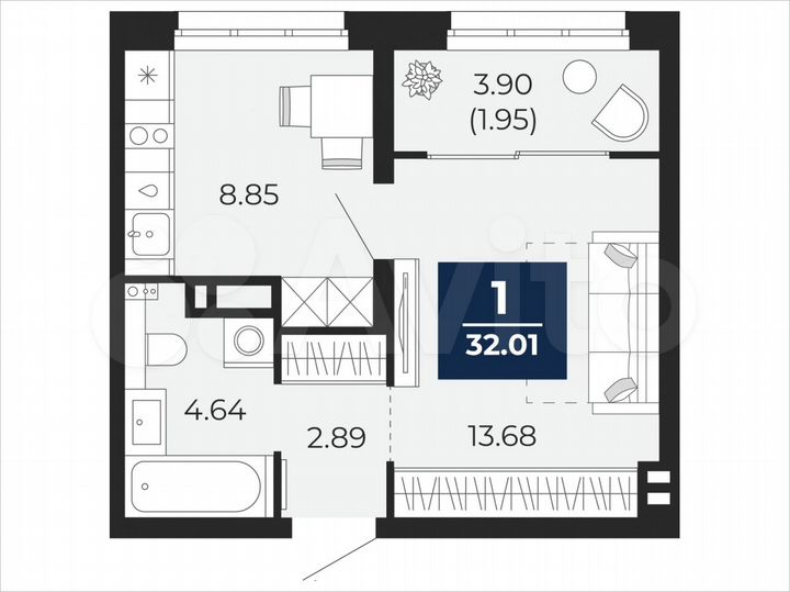 1-к. квартира, 32 м², 13/22 эт.