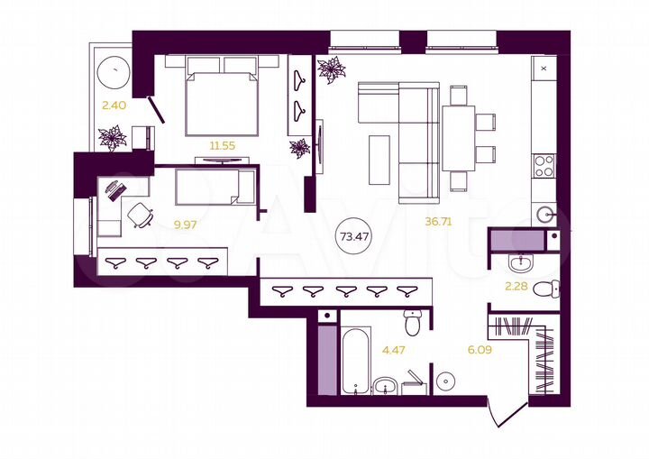 2-к. квартира, 73,5 м², 17/23 эт.