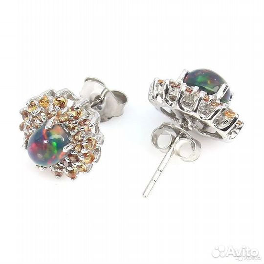 Серьги натуральный черный опал желтые сапфиры