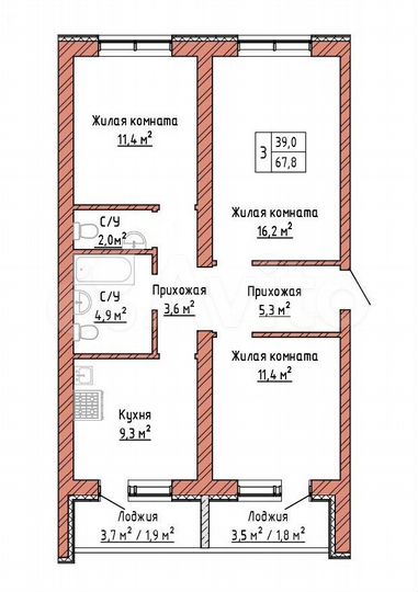 3-к. квартира, 67,8 м², 14/16 эт.