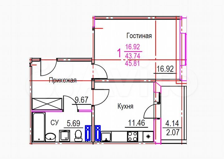1-к. квартира, 45,8 м², 3/16 эт.