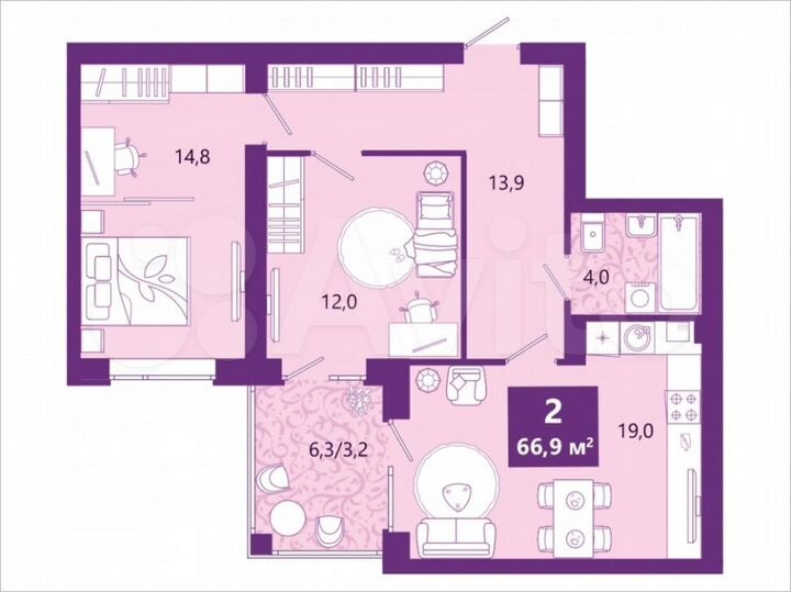 2-к. квартира, 66,9 м², 4/4 эт.