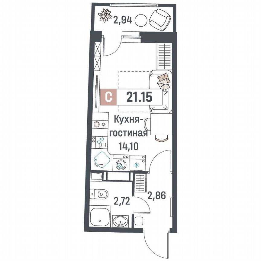 Квартира-студия, 21,2 м², 14/18 эт.