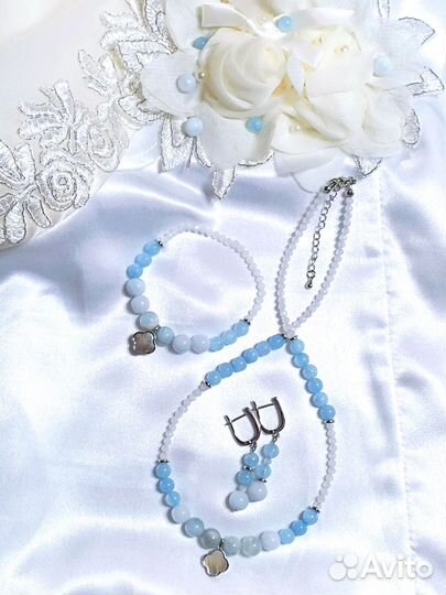 Колье-Чокер браслет серьги из камня аквамарин