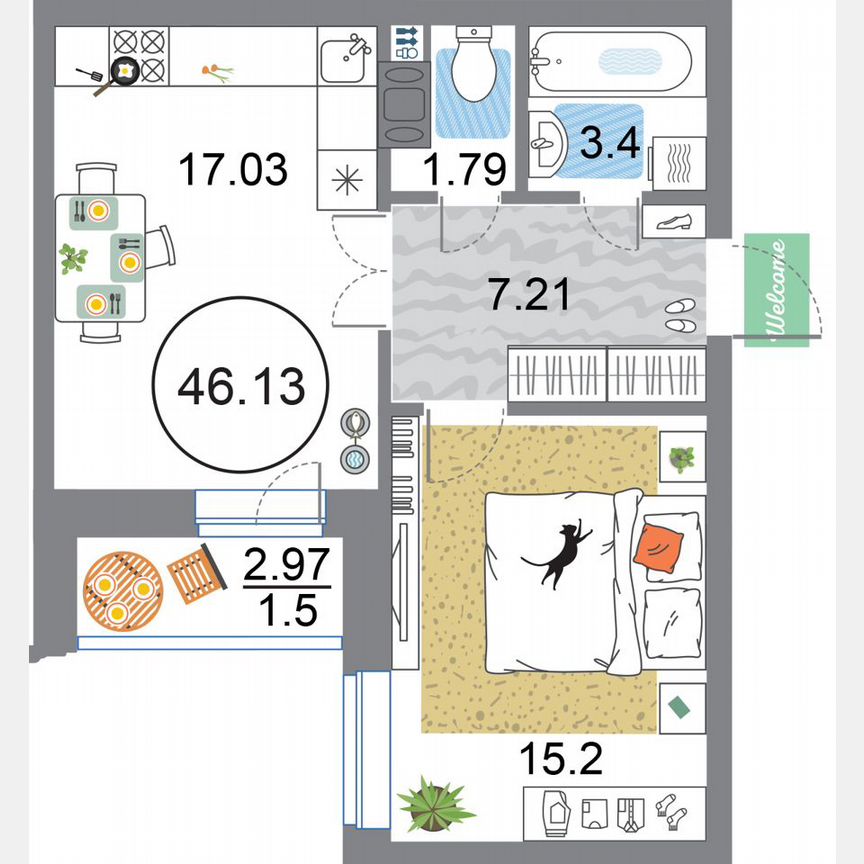 1-к. квартира, 46,1 м², 12/12 эт.