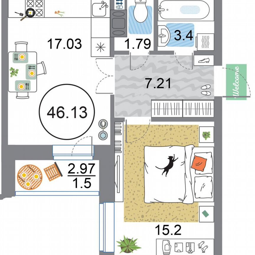 1-к. квартира, 46,1 м², 12/12 эт.