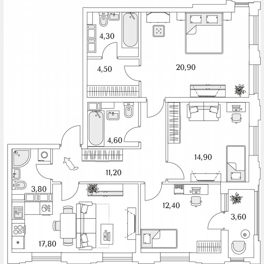3-к. квартира, 22,9 м², 12/13 эт.