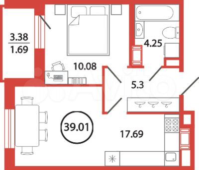 1-к. квартира, 39 м², 7/12 эт.
