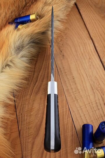 Нож для мяса дамаск полный камень черный граб