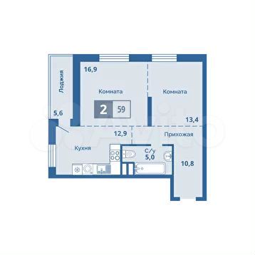 2-к. квартира, 59 м², 7/15 эт.