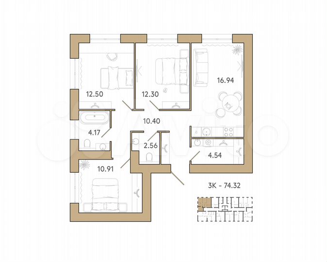 3-к. квартира, 75 м², 3/9 эт.