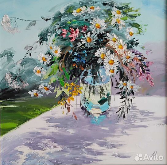 Картина холст масло 72*72 полевые цветы букет