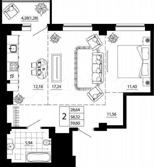 2-к. квартира, 59,3 м², 15/24 эт.