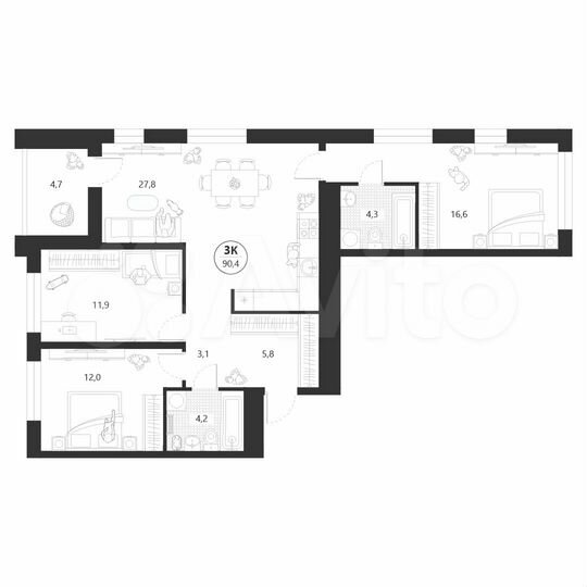 3-к. квартира, 90,4 м², 10/22 эт.