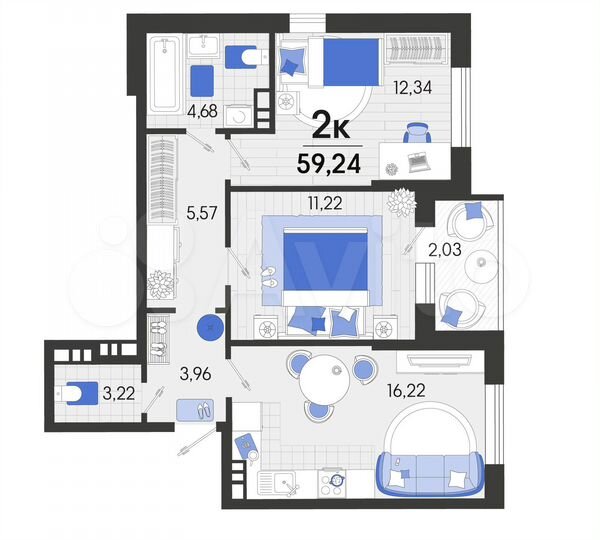 2-к. квартира, 59,2 м², 2/7 эт.