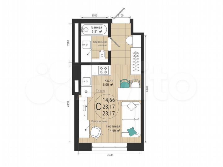Квартира-студия, 23,2 м², 18/27 эт.