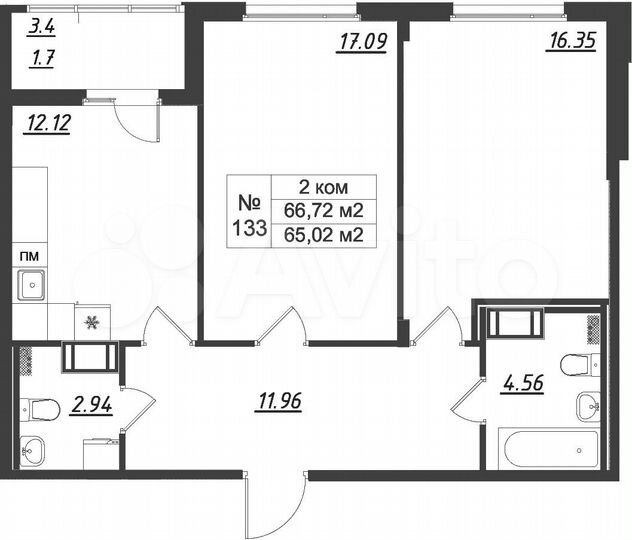 2-к. квартира, 67,6 м², 12/12 эт.