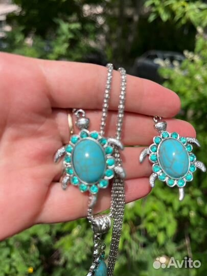 Серьги кулон бусы бирюза розовый кварц