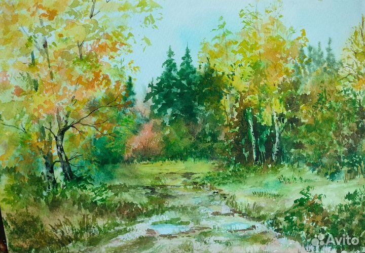 Картина акварелью летний пейзаж в лесу